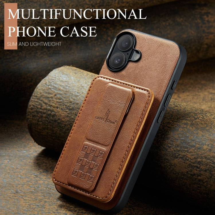 For iPhone 16 Fierre Shann Oil Wax Cow Leather Card Holder Back Phone Case(Brown)