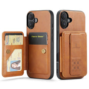 For iPhone 16 Fierre Shann Oil Wax Cow Leather Card Holder Back Phone Case(Brown)
