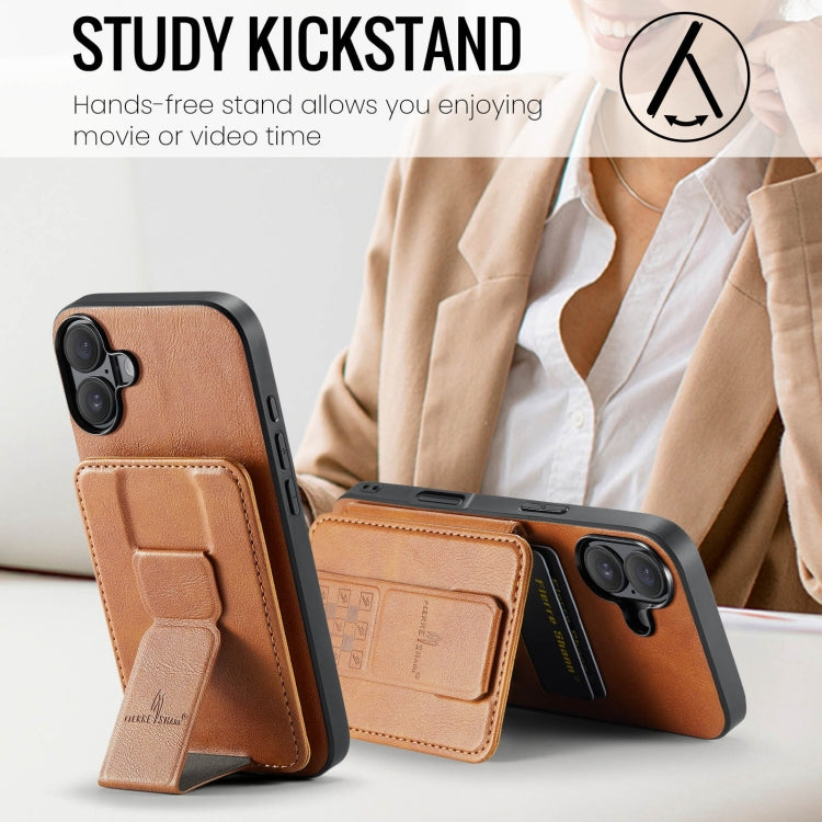 For iPhone 16 Fierre Shann Oil Wax Cow Leather Card Holder Back Phone Case(Brown)