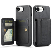 For iPhone 16e Fierre Shann Oil Wax Cow Leather Card Holder Back Phone Case(Black)