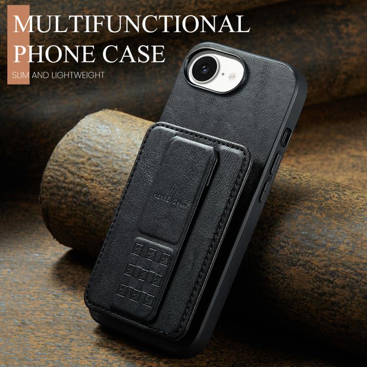 For iPhone 16e Fierre Shann Oil Wax Cow Leather Card Holder Back Phone Case(Black)