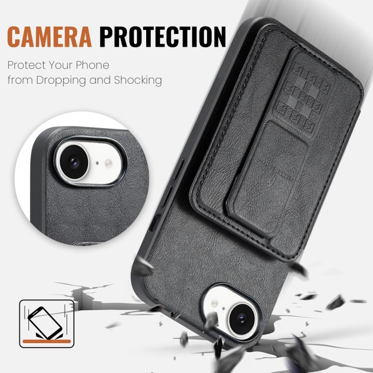 For iPhone 16e Fierre Shann Oil Wax Cow Leather Card Holder Back Phone Case(Black)