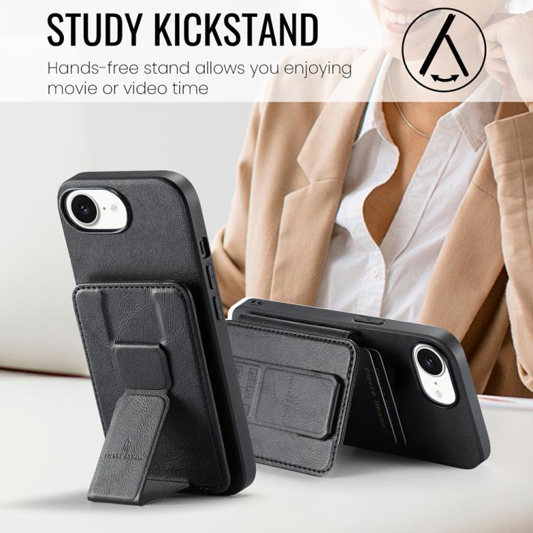 For iPhone 16e Fierre Shann Oil Wax Cow Leather Card Holder Back Phone Case(Black)
