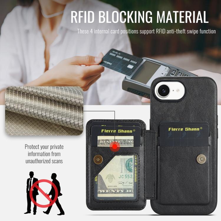 For iPhone 16e Fierre Shann Oil Wax Cow Leather Card Holder Back Phone Case(Black)
