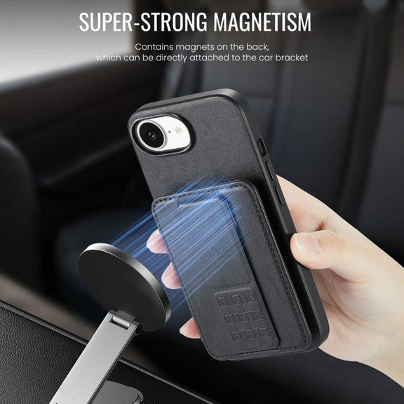 For iPhone 16e Fierre Shann Oil Wax Cow Leather Card Holder Back Phone Case(Black)