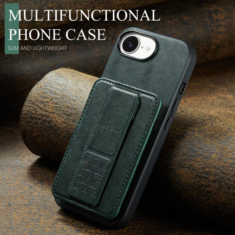 For iPhone 16e Fierre Shann Oil Wax Cow Leather Card Holder Back Phone Case(Green)