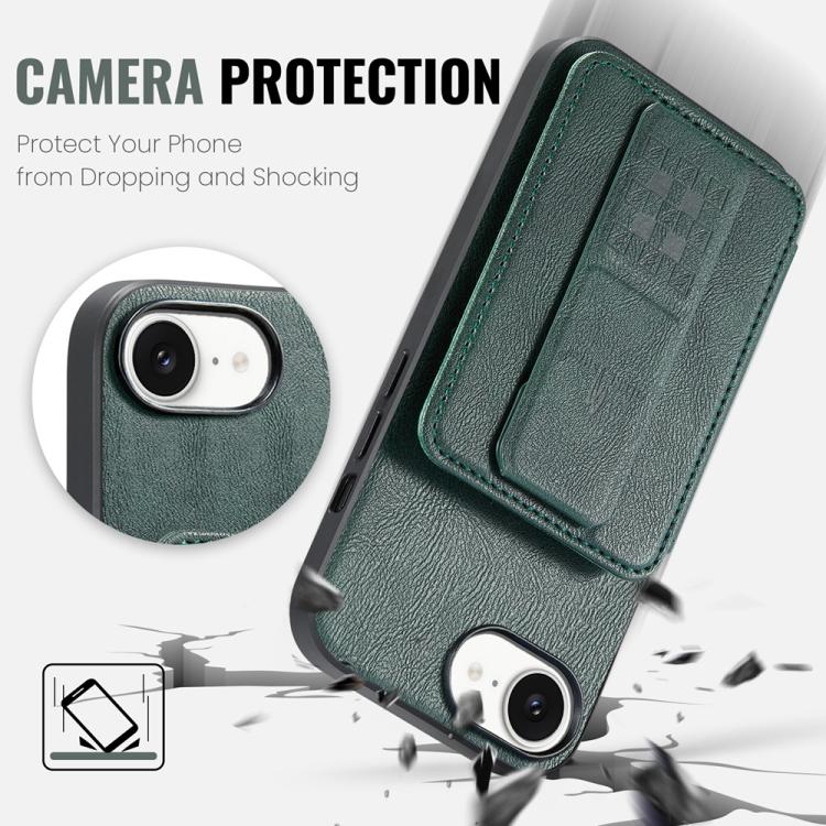 For iPhone 16e Fierre Shann Oil Wax Cow Leather Card Holder Back Phone Case(Green)
