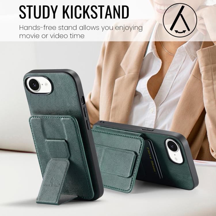 For iPhone 16e Fierre Shann Oil Wax Cow Leather Card Holder Back Phone Case(Green)