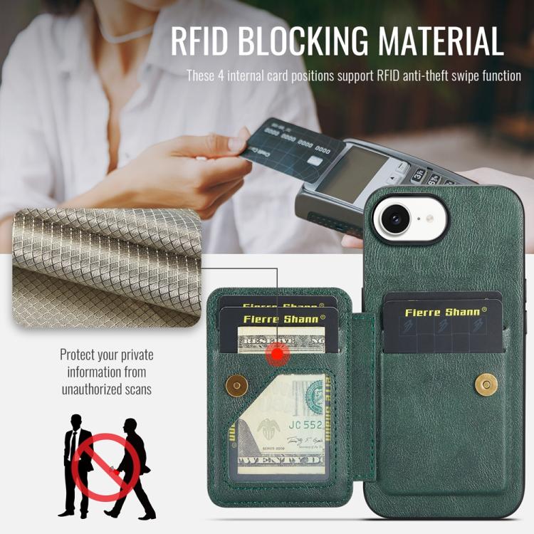 For iPhone 16e Fierre Shann Oil Wax Cow Leather Card Holder Back Phone Case(Green)