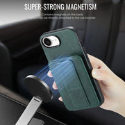 For iPhone 16e Fierre Shann Oil Wax Cow Leather Card Holder Back Phone Case(Green)