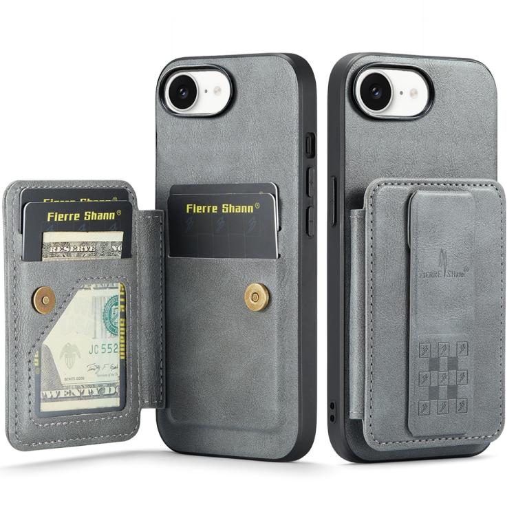 For iPhone 16e Fierre Shann Oil Wax Cow Leather Card Holder Back Phone Case(Grey)