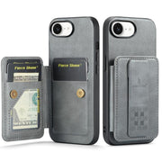 For iPhone 16e Fierre Shann Oil Wax Cow Leather Card Holder Back Phone Case(Grey)