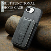 For iPhone 16e Fierre Shann Oil Wax Cow Leather Card Holder Back Phone Case(Grey)