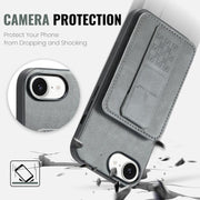 For iPhone 16e Fierre Shann Oil Wax Cow Leather Card Holder Back Phone Case(Grey)