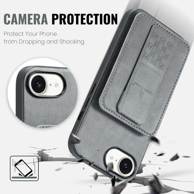 For iPhone 16e Fierre Shann Oil Wax Cow Leather Card Holder Back Phone Case(Grey)