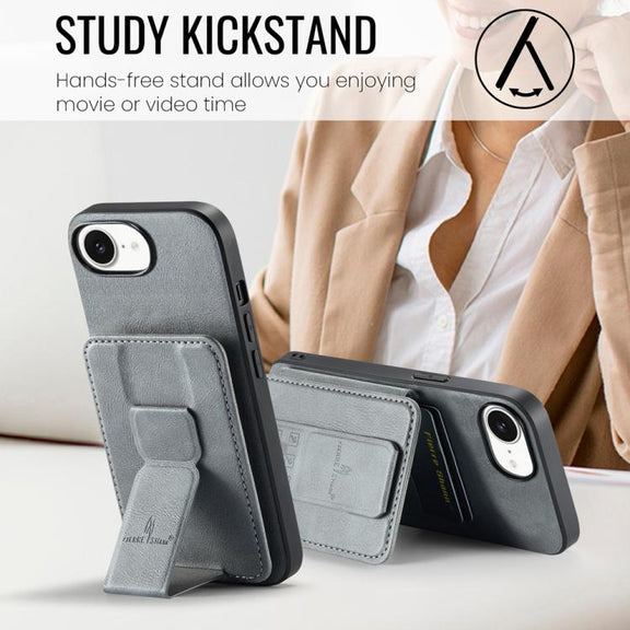 For iPhone 16e Fierre Shann Oil Wax Cow Leather Card Holder Back Phone Case(Grey)