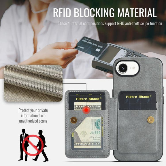 For iPhone 16e Fierre Shann Oil Wax Cow Leather Card Holder Back Phone Case(Grey)
