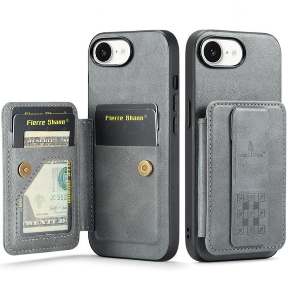 For iPhone 16e Fierre Shann Oil Wax Cow Leather Card Holder Back Phone Case(Grey)
