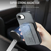 For iPhone 16e Fierre Shann Oil Wax Cow Leather Card Holder Back Phone Case(Grey)