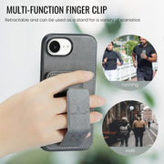 For iPhone 16e Fierre Shann Oil Wax Cow Leather Card Holder Back Phone Case(Grey)