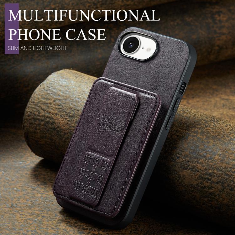 For iPhone 16e Fierre Shann Oil Wax Cow Leather Card Holder Back Phone Case(Purple)
