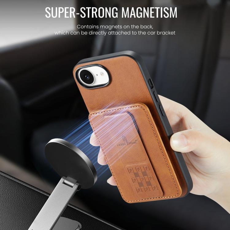 For iPhone 16e Fierre Shann Oil Wax Cow Leather Card Holder Back Phone Case(Brown)