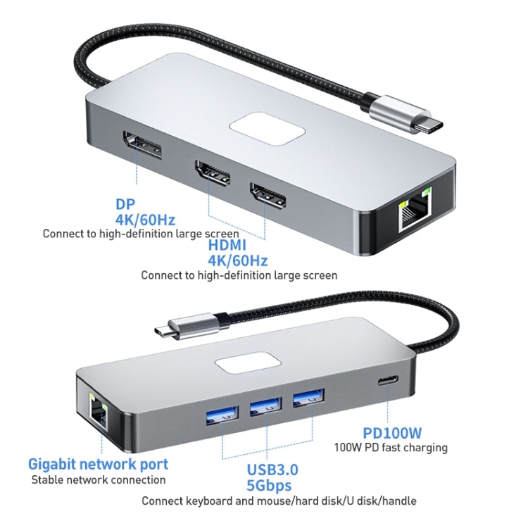 BYL-2401 8 in 1 Type-C to PD100W + USB3.0 + HDMI + DP + RJ45 HUB Docking Station(Space Grey)