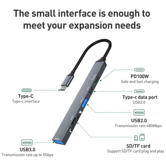ADS-807 PD100 6 in 1 Type-C to PD100W + USB3.0 + USB2.0 + SD/TF HUB Docking Station(Space Grey)