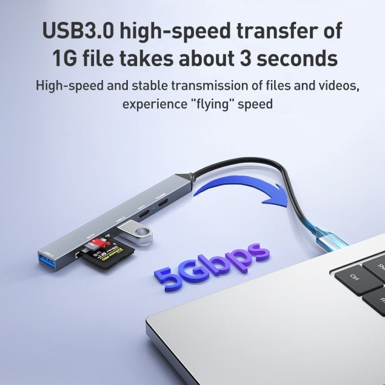 ADS-807 PD100 6 in 1 Type-C to PD100W + USB3.0 + USB2.0 + SD/TF HUB Docking Station(Space Grey)