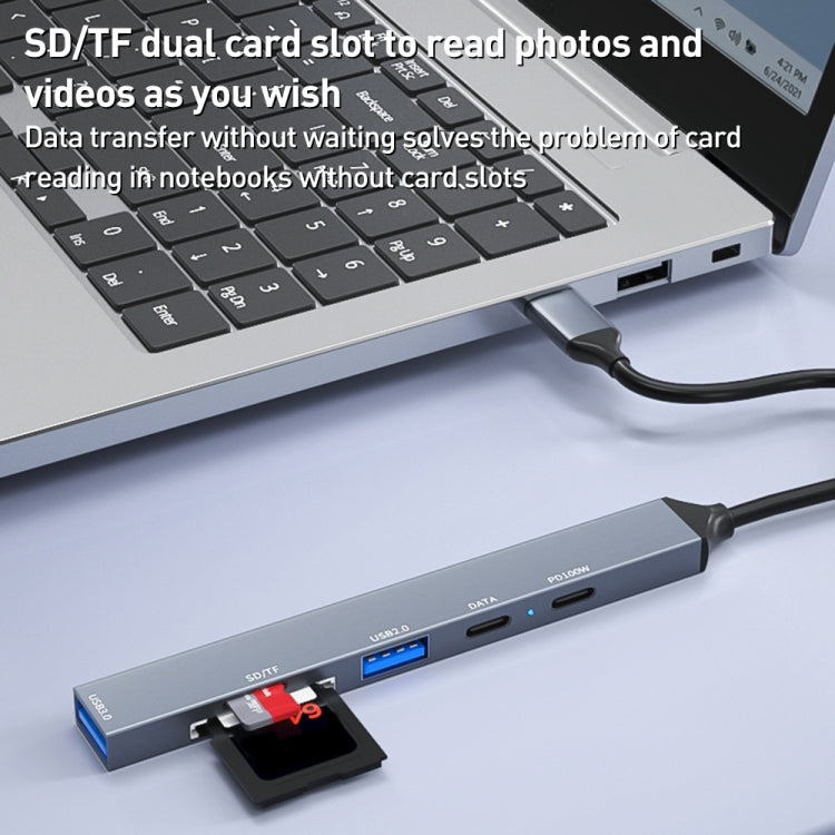 ADS-807 PD100 6 in 1 Type-C to PD100W + USB3.0 + USB2.0 + SD/TF HUB Docking Station(Space Grey)