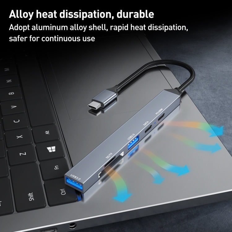 ADS-807 PD100 6 in 1 Type-C to PD100W + USB3.0 + USB2.0 + SD/TF HUB Docking Station(Space Grey)