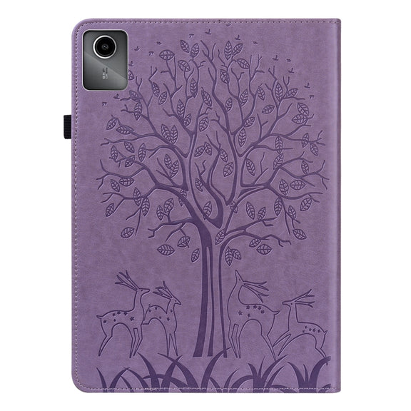 For Lenovo Tab M11 / Xiaoxin Pad 11 2024 Tree & Deer Embossed Leather Tablet Case(Purple)