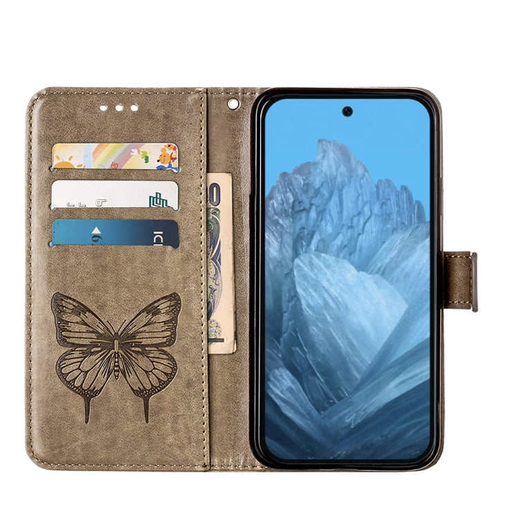 For Google Pixel 9 Embossed Butterfly Leather Phone Case(Grey)