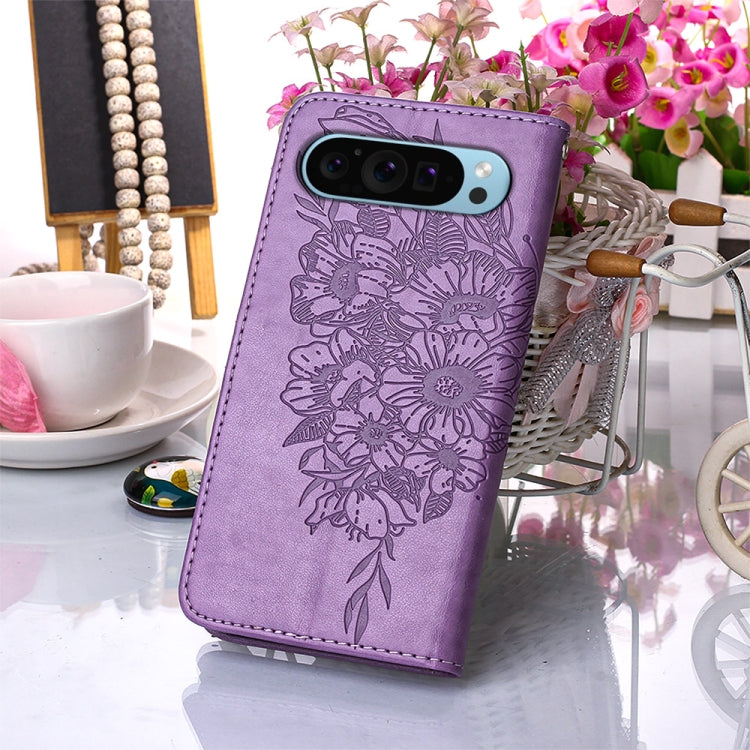 For Google Pixel 9 Embossed Butterfly Leather Phone Case(Purple)