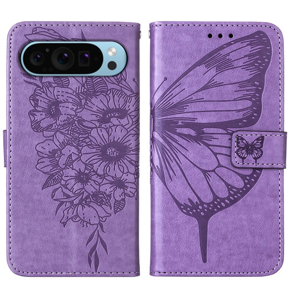 For Google Pixel 9 Embossed Butterfly Leather Phone Case(Purple)