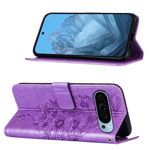 For Google Pixel 9 Embossed Butterfly Leather Phone Case(Purple)