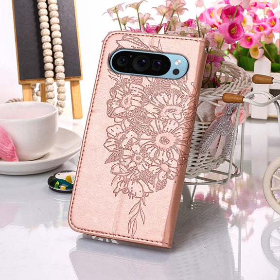 For Google Pixel 9 Embossed Butterfly Leather Phone Case(Rose Gold)