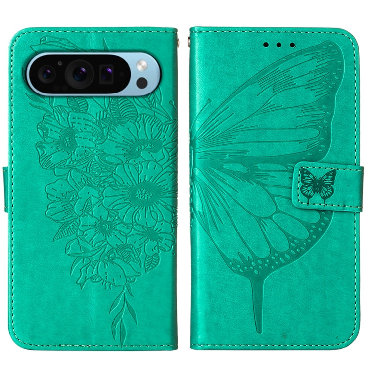 For Google Pixel 9 Embossed Butterfly Leather Phone Case(Green)
