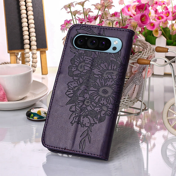 For Google Pixel 9 Embossed Butterfly Leather Phone Case(Dark Purple)