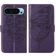 For Google Pixel 9 Embossed Butterfly Leather Phone Case(Dark Purple)