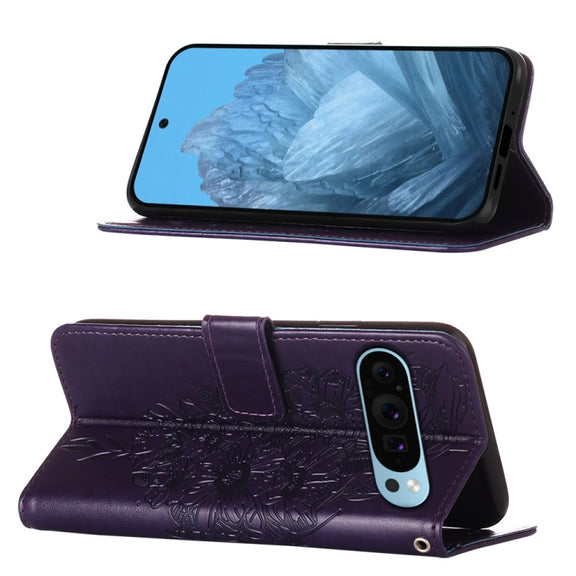 For Google Pixel 9 Embossed Butterfly Leather Phone Case(Dark Purple)