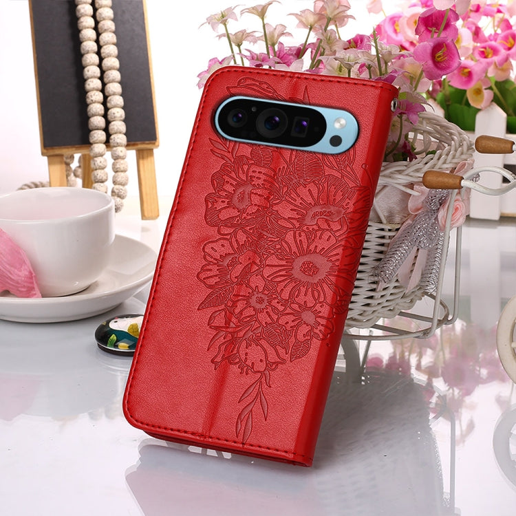 For Google Pixel 9 Embossed Butterfly Leather Phone Case(Red)