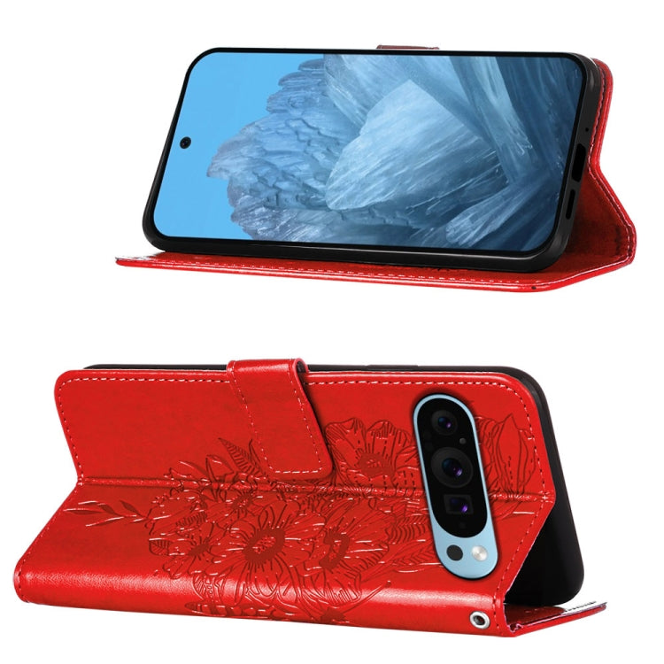 For Google Pixel 9 Embossed Butterfly Leather Phone Case(Red)