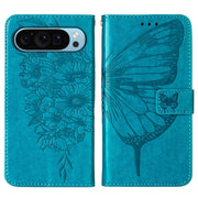 For Google Pixel 9 Embossed Butterfly Leather Phone Case(Blue)