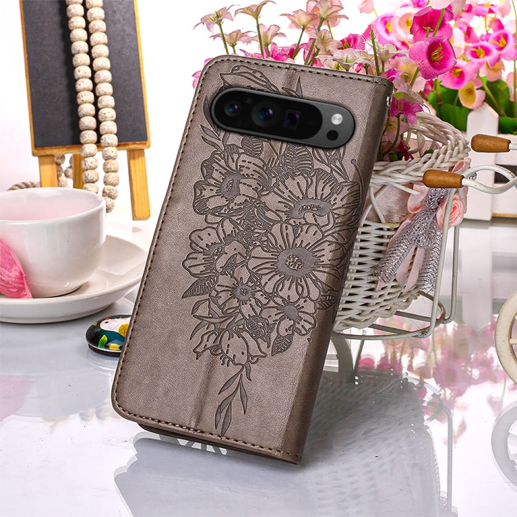 For Google Pixel 9 Pro Embossed Butterfly Leather Phone Case(Grey)