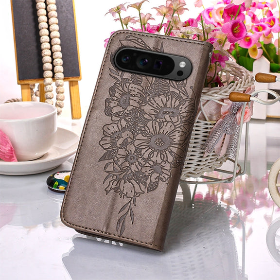 For Google Pixel 9 Pro Embossed Butterfly Leather Phone Case(Grey)