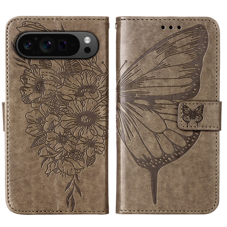 For Google Pixel 9 Pro Embossed Butterfly Leather Phone Case(Grey)