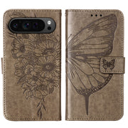For Google Pixel 9 Pro Embossed Butterfly Leather Phone Case(Grey)