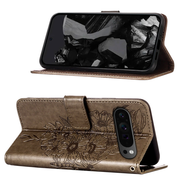 For Google Pixel 9 Pro Embossed Butterfly Leather Phone Case(Grey)