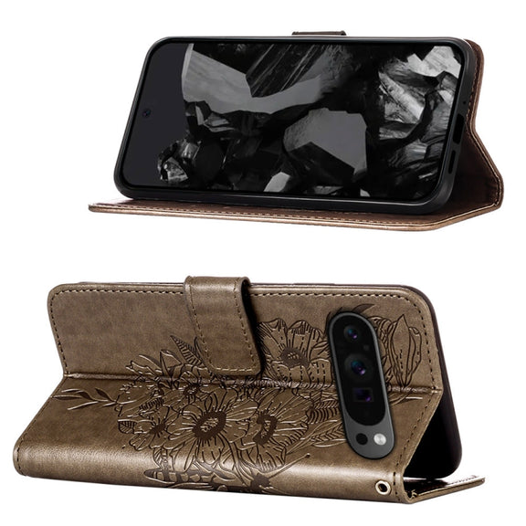 For Google Pixel 9 Pro Embossed Butterfly Leather Phone Case(Grey)